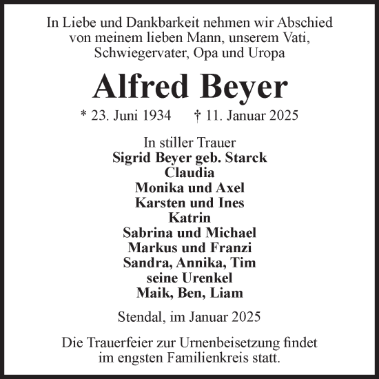 Traueranzeige von Alfred Beyer von Volksstimme Altmark Ost