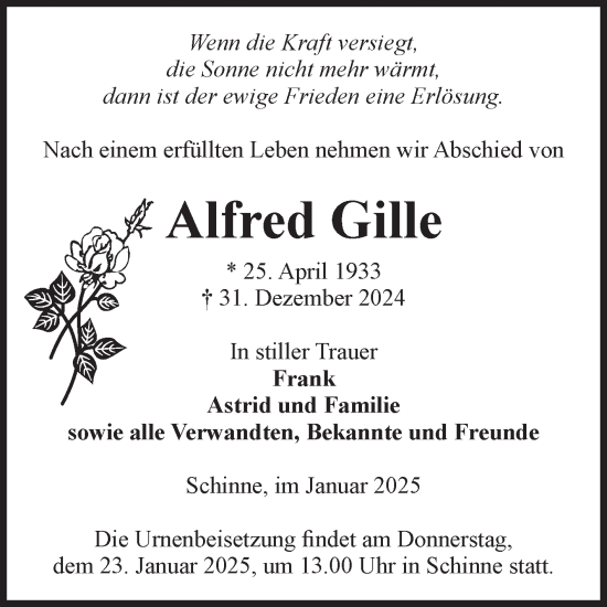 Traueranzeige von Alfred Gille von Volksstimme Altmark Ost