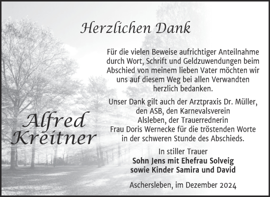 Traueranzeige von Alfred Kreitner von Trauerkombi Bernburg