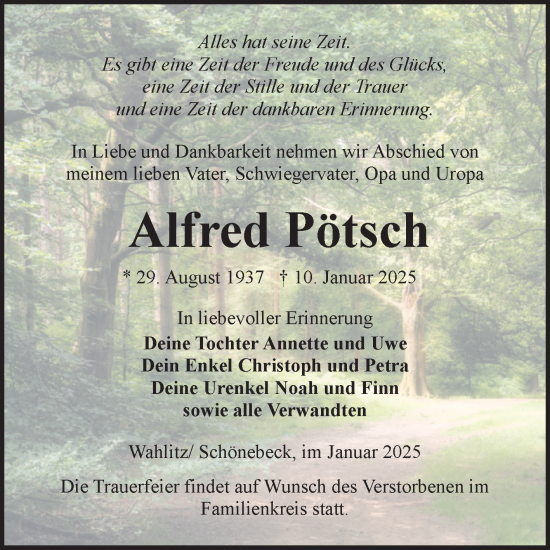 Traueranzeige von Alfred Pötsch von Volksstimme Schönebeck