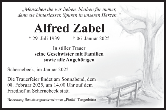 Traueranzeige von Alfred Zabel von Volksstimme Altmark Ost