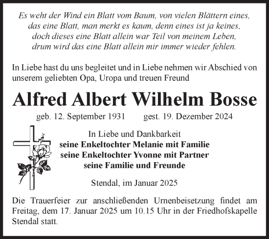 Traueranzeige von Alfred Albert Wilhelm Bosse von Volksstimme Altmark Ost