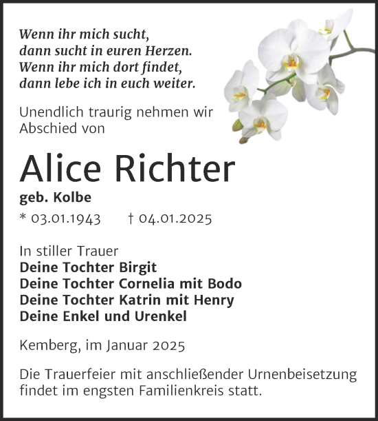 Traueranzeige von Alice Richter von Trauerkombi Wittenberg