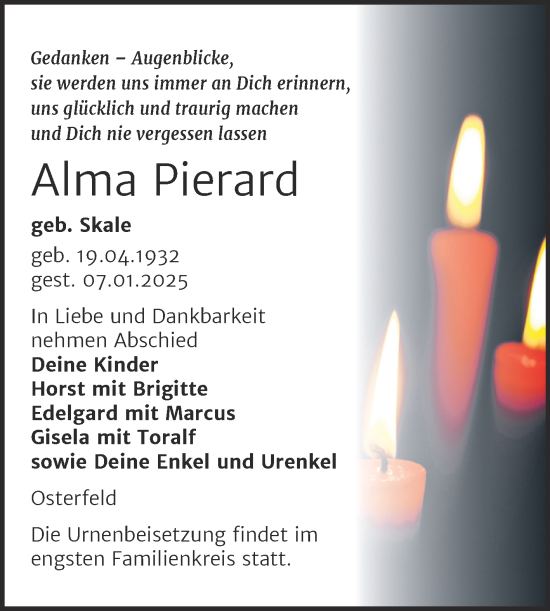 Traueranzeige von Alma Pierard von Trauerkombi Zeitz