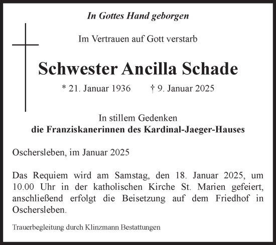 Traueranzeige von Ancilla Schade von Volksstimme Oschersleben/Wanzleben