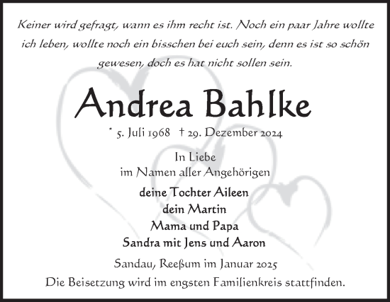 Traueranzeige von Andrea Bahlke von Volksstimme Altmark Ost