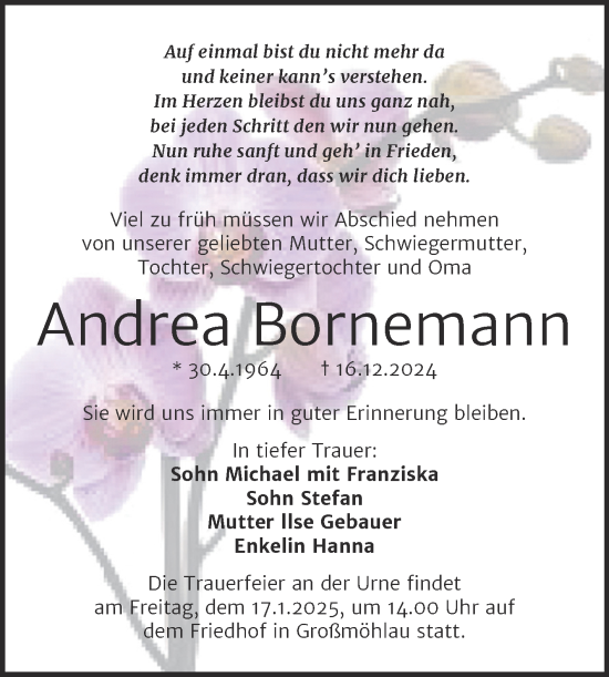 Traueranzeige von Andrea Bornemann von Trauerkombi Wittenberg