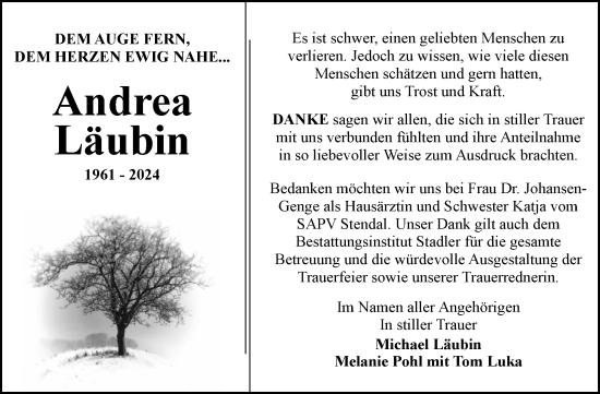 Traueranzeige von Andrea Läubin von Volksstimme Altmark West