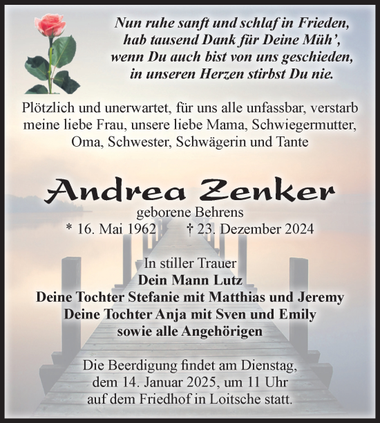 Traueranzeige von Andrea Zenker von Volksstimme Haldensleben/Wolmirstedt