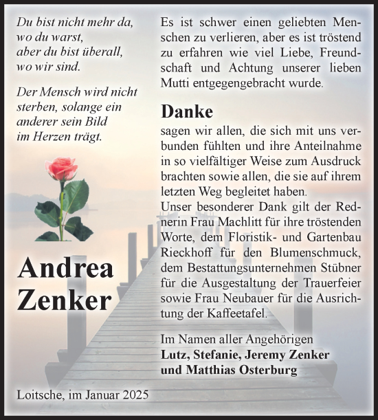 Traueranzeige von Andrea Zenker von Volksstimme Haldensleben/Wolmirstedt