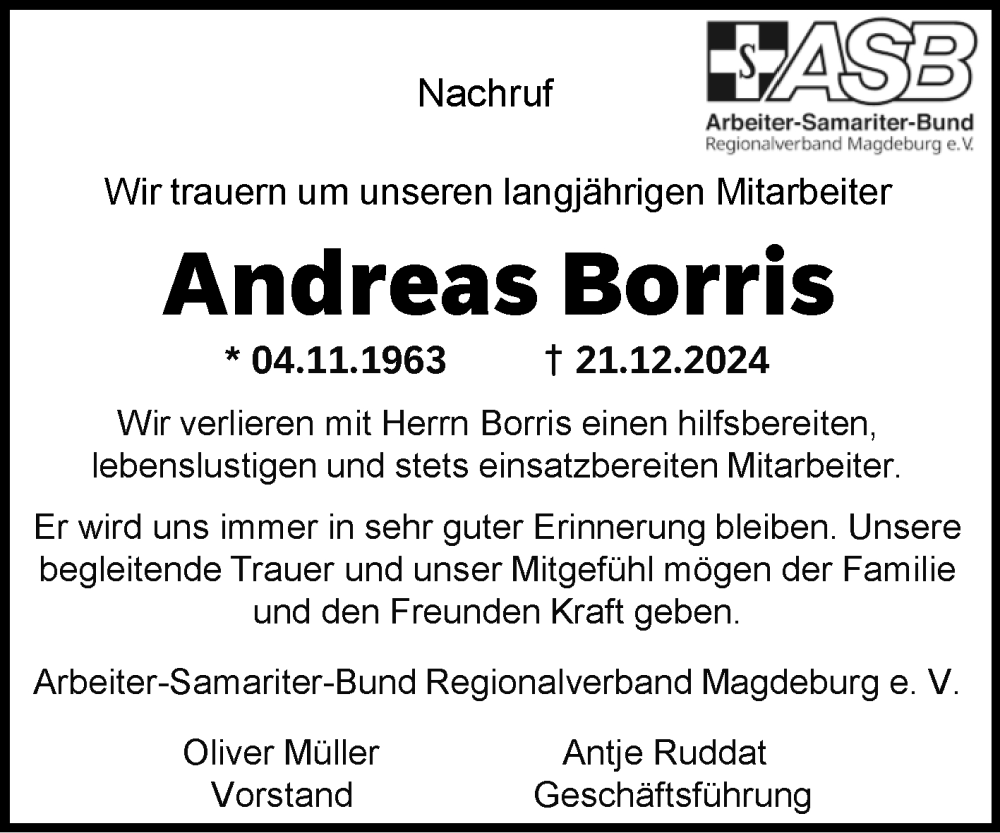  Traueranzeige für Andreas Borris vom 18.01.2025 aus Volksstimme Magdeburg