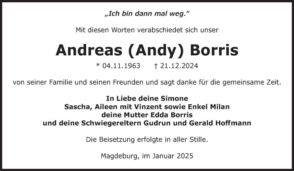  Traueranzeige für Andreas Borris vom 11.01.2025 aus Volksstimme Magdeburg