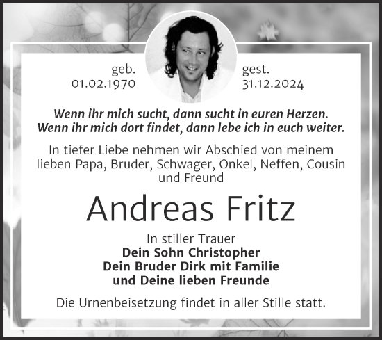 Traueranzeige von Andreas Fritz von Trauerkombi Wittenberg