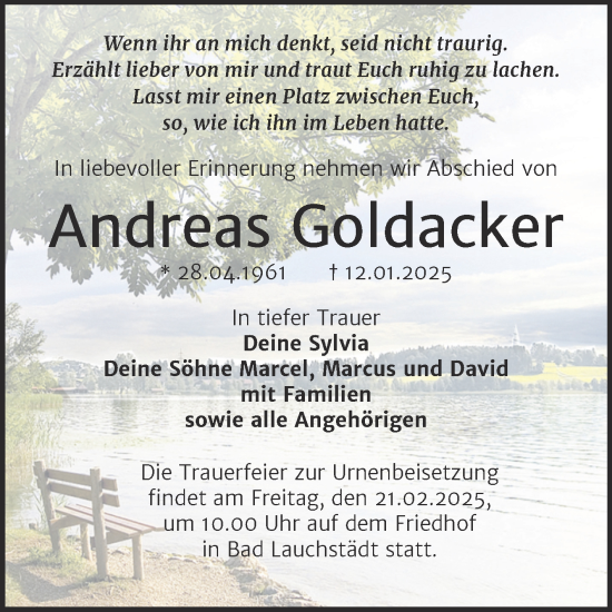 Traueranzeige von Andreas Goldacker von Trauerkombi Merseburg