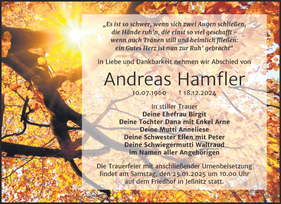Traueranzeige von Andreas Hamfler von Trauerkombi Bitterfeld
