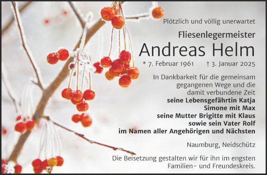 Traueranzeige von Andreas Helm von Naumburger Tageblatt