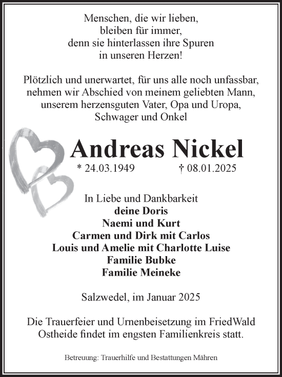 Traueranzeige von Andreas Nickel von Volksstimme Altmark West