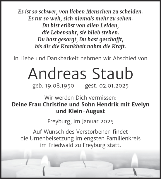 Traueranzeige von Andreas Staub von Super Sonntag Naumburg/Nebra