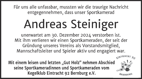 Traueranzeige von Andreas Steiniger von Super Sonntag Bernburg