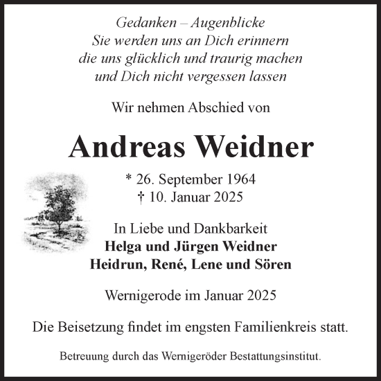 Traueranzeige von Andreas Weidner von Volksstimme Wernigerode