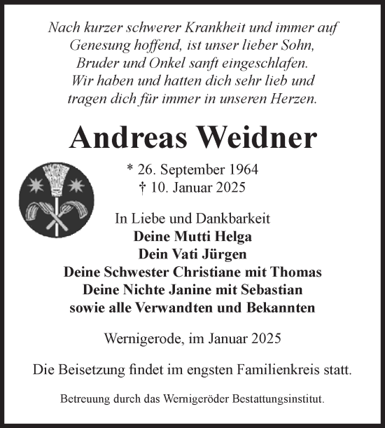 Traueranzeige von Andreas Weidner von Volksstimme Wernigerode
