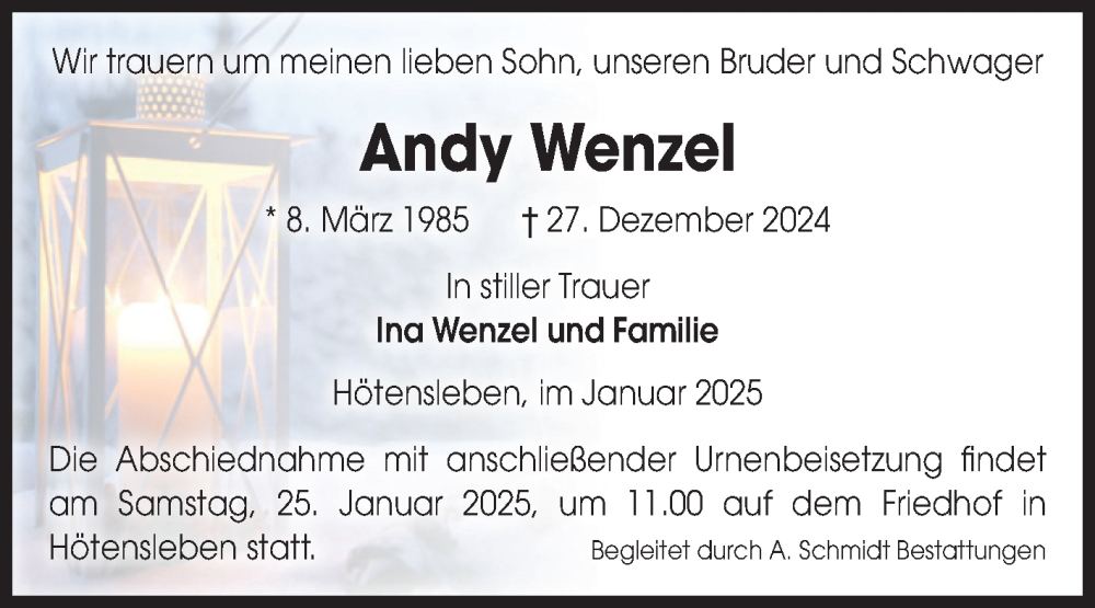  Traueranzeige für Andy Wenzel vom 17.01.2025 aus Volksstimme Oschersleben/Wanzleben