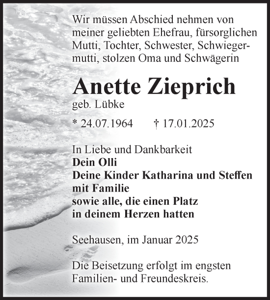Traueranzeige von Anette Zieprich von Volksstimme Altmark Ost