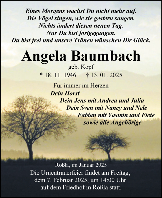 Traueranzeige von Angela Baumbach von Trauerkombi Sangerhausen