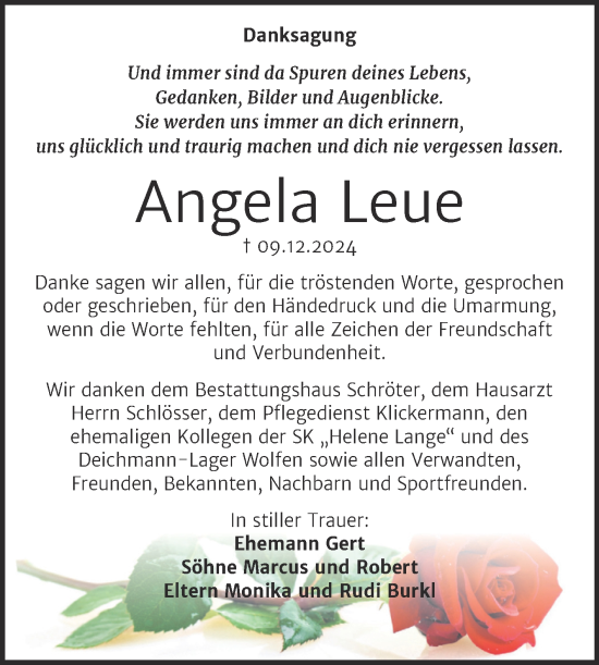 Traueranzeige von Angela Leue von Trauerkombi Bitterfeld