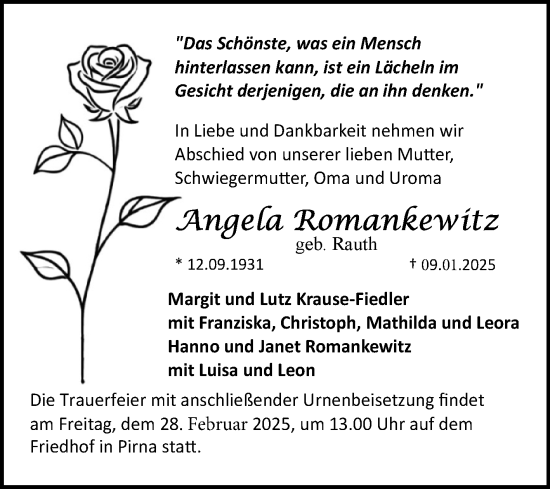 Traueranzeige von Angela Romankewitz von Mitteldeutsche Zeitung Halle/Saalkreis