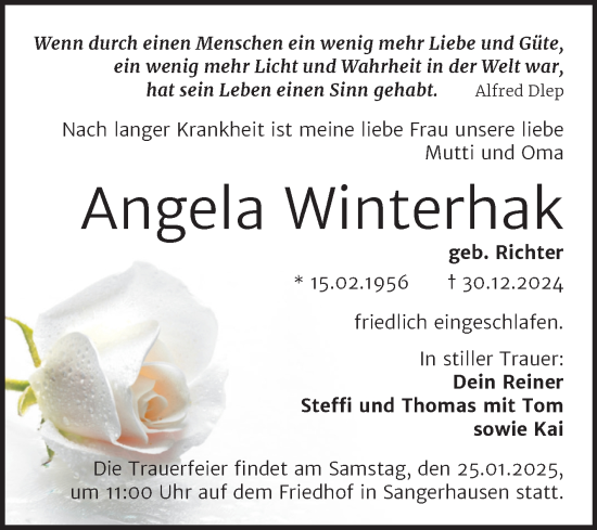 Traueranzeige von Angela Winterhak von Trauerkombi Sangerhausen
