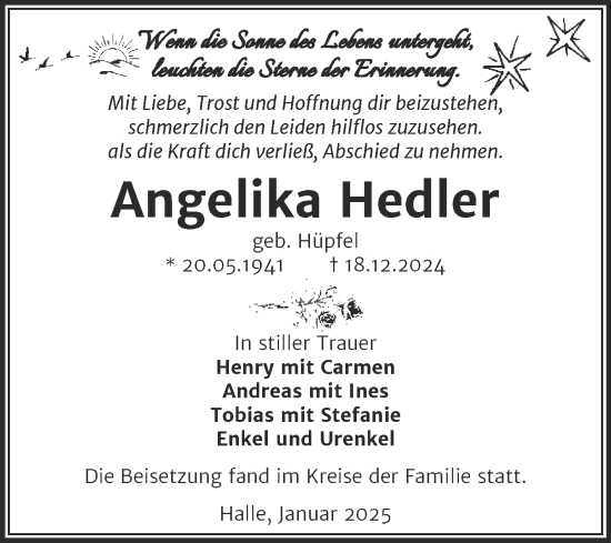 Traueranzeige von Angelika Hedler von Mitteldeutsche Zeitung Halle/Saalkreis