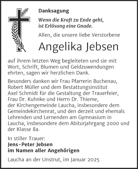 Traueranzeige von Angelika Jebsen von Super Sonntag Naumburg/Nebra