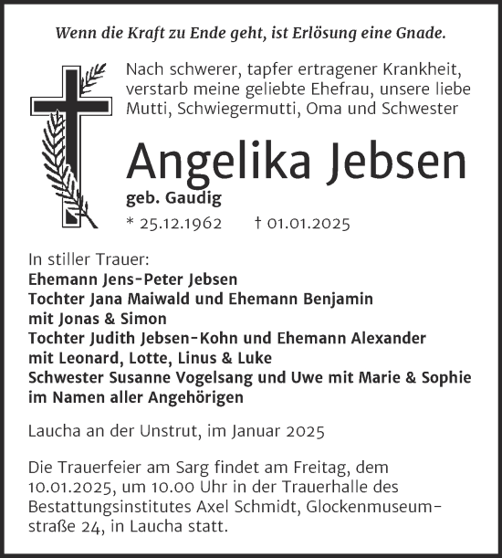 Traueranzeige von Angelika Jebsen von Naumburger Tageblatt