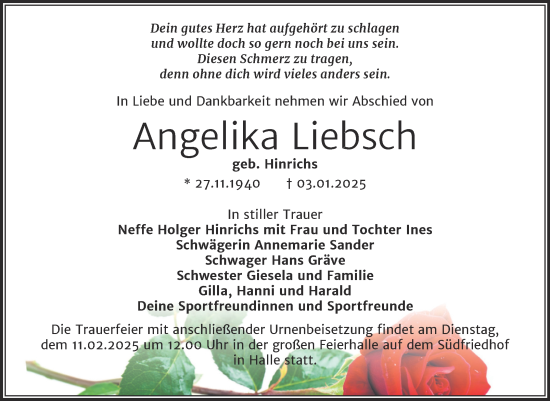 Traueranzeige von Angelika Liebsch von Mitteldeutsche Zeitung Halle/Saalkreis