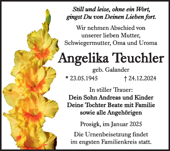Traueranzeige von Angelika Teuchler von Trauerkombi Köthen