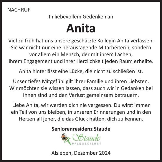 Traueranzeige von Anita  von Super Sonntag Bernburg