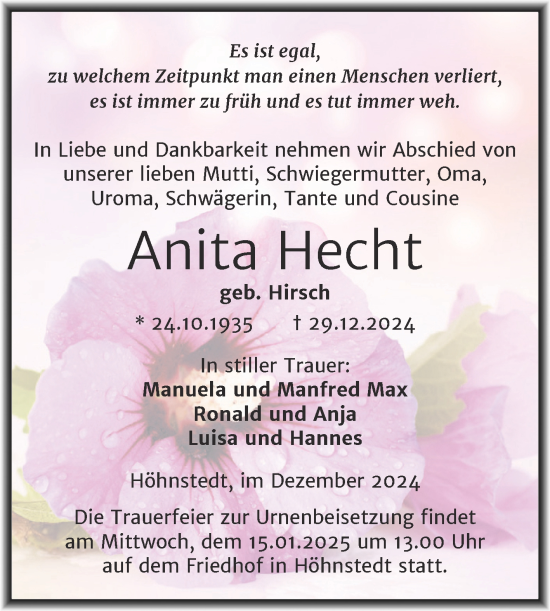 Traueranzeige von Anita Hecht 