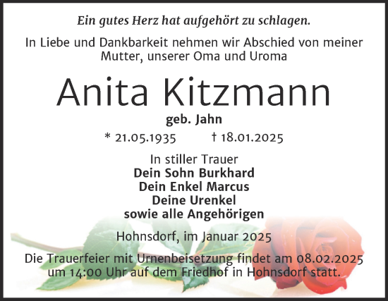 Traueranzeige von Anita Kitzmann von Trauerkombi Köthen