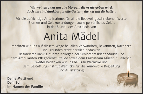 Traueranzeige von Anita Mädel von Trauerkombi Bernburg
