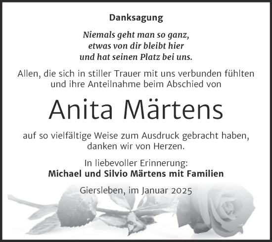 Traueranzeige von Anita Märtens von Trauerkombi Aschersleben