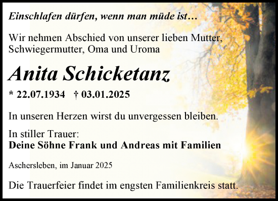 Traueranzeige von Anita Schicketanz von Trauerkombi Aschersleben