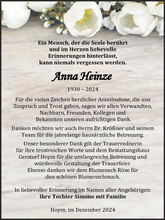 Traueranzeige von Anna Heinze von Trauerkombi Aschersleben