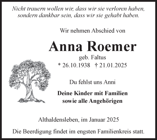 Traueranzeige von Anna Roemer von Volksstimme Haldensleben/Wolmirstedt