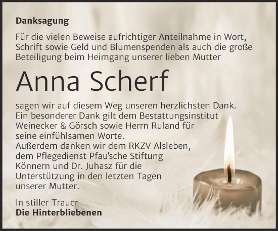 Traueranzeige von Anna Scherf von Trauerkombi Bernburg