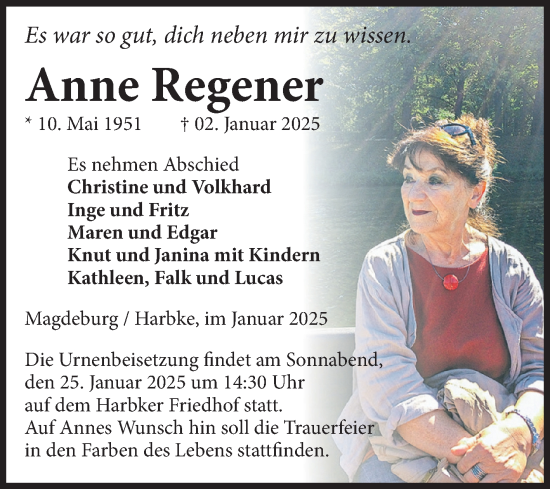 Traueranzeige von Anne Regener von Volksstimme Oschersleben/Wanzleben