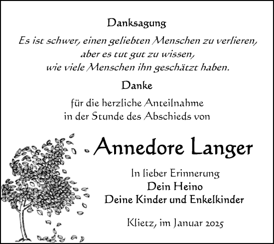 Traueranzeige von Annedore Langer von Volksstimme Altmark Ost