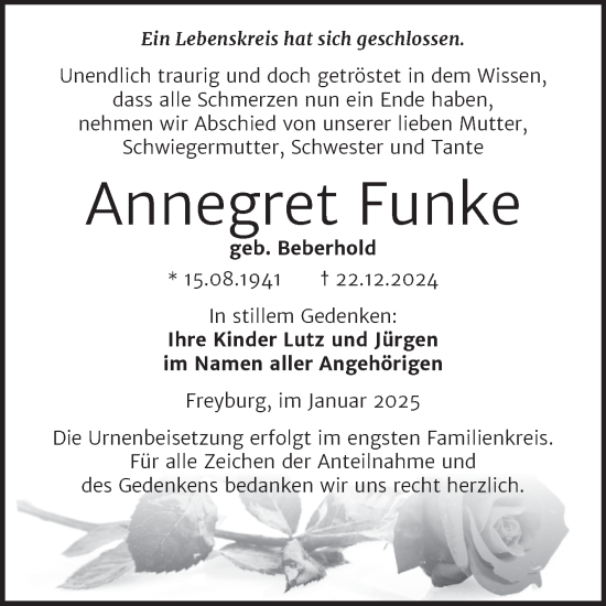 Traueranzeige von Annegret Funke von Super Sonntag Naumburg/Nebra