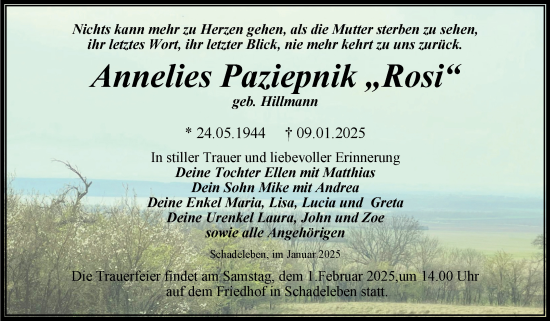 Traueranzeige von Annelies Paziepnik von Trauerkombi Aschersleben