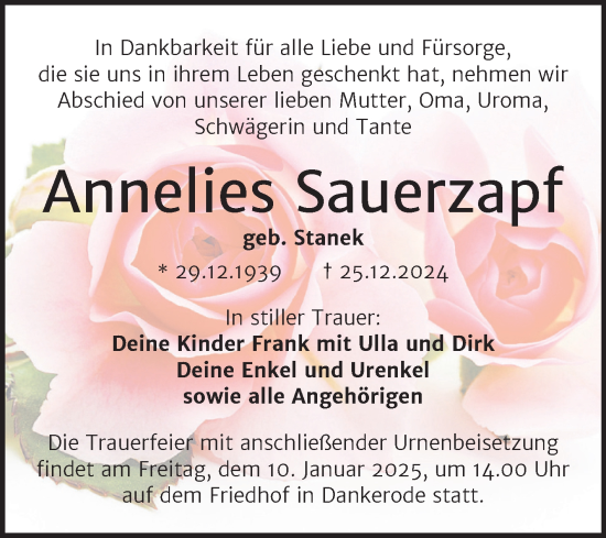 Traueranzeige von Annelies Sauerzapf von Mitteldeutsche Zeitung Quedlingburg